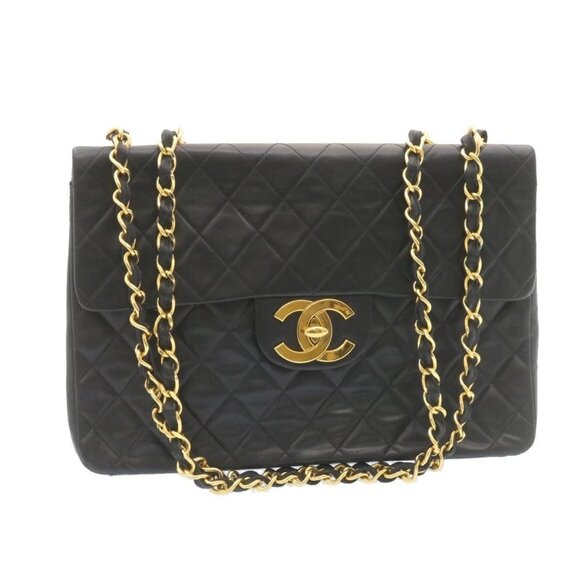 CHANEL Handbags - CHANEL Big Matelasse34 Turn Lock Chain Bag Lamb Skin Black Gold CC Auth ar5950AV